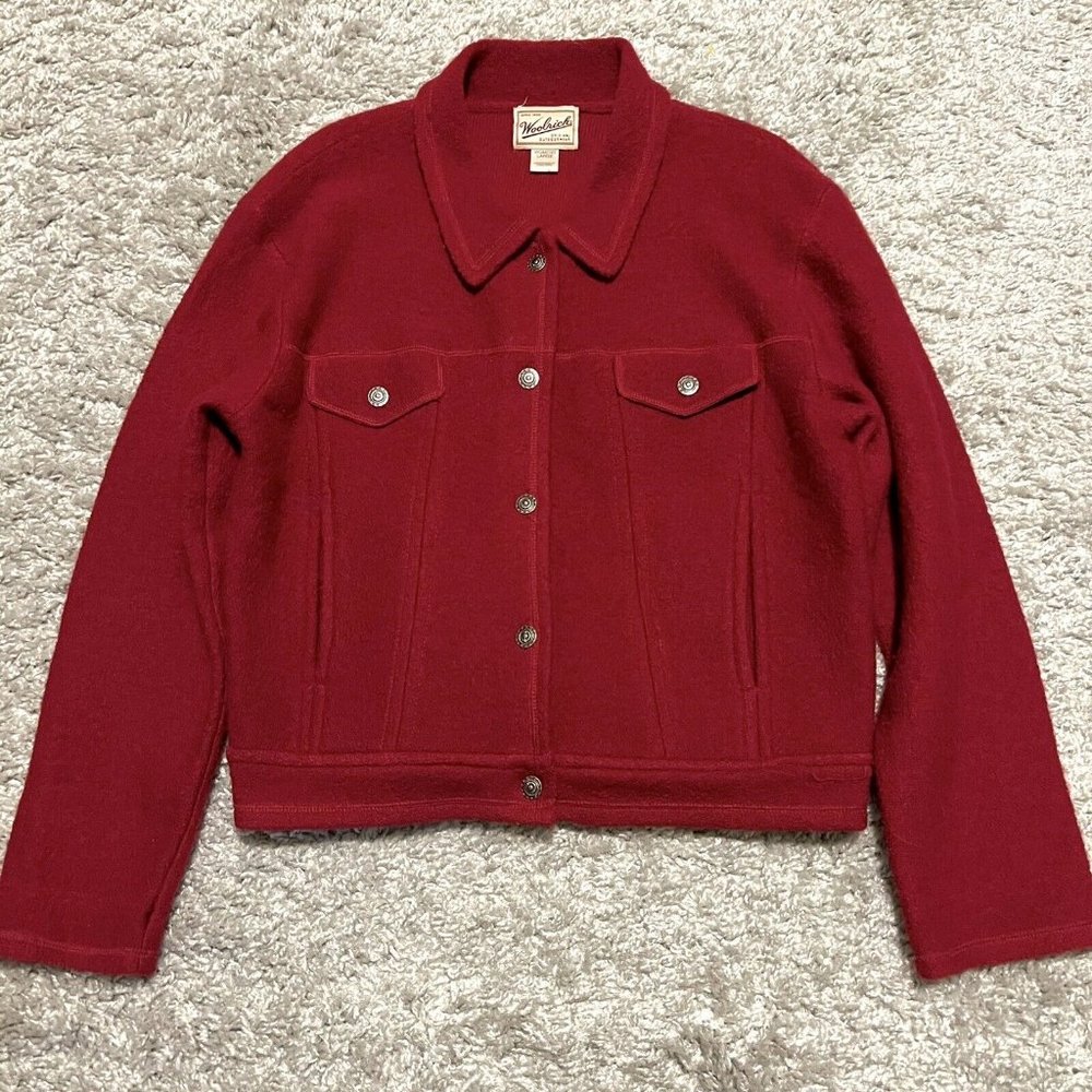 Woolrich 100% Wool Cherry Red Collared Button-Up Blazer Jacket - Womens sz L